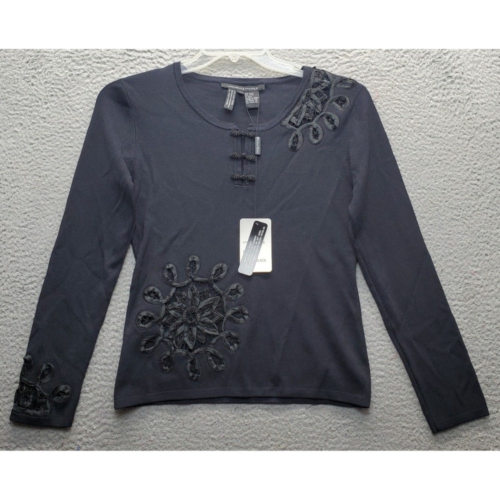 Michelle Nicole Blouse Top Womens Medium Black Beaded Floral Frog‎ Button Front
